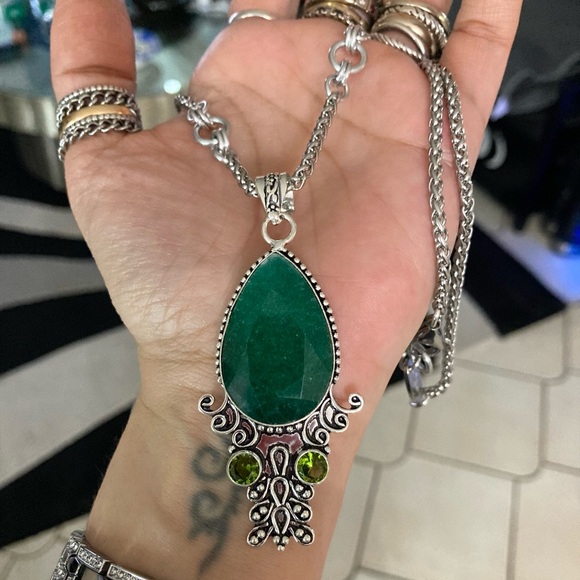 925 sterling silver overlay green emerald & peridot stones boho silver necklace - Picture 8 of 13